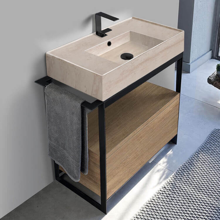 Scarabeo 5123-E-SOL1-89-One Hole Console Sink Vanity With Travertine Design Ceramic Sink and Natural Brown Oak Drawer